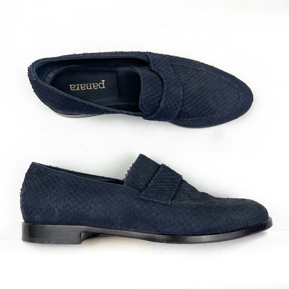 Panara Dark Blue Suede Snake Skin Embossed Loafers 38 US 8